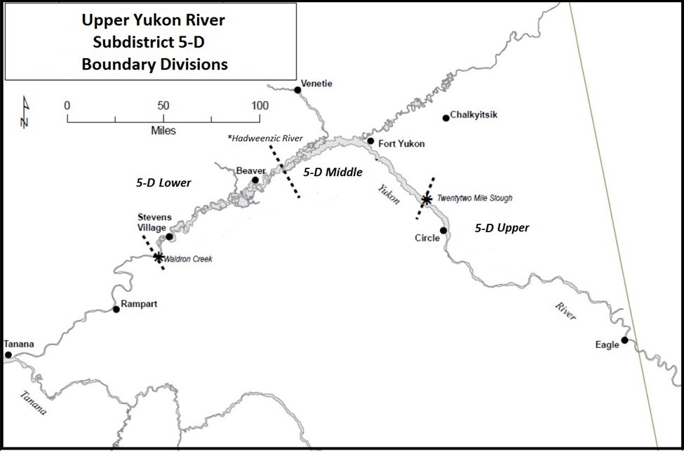 Map showing the boundary divisions (upper, middle, and lower) of Upper Yukon River Subdistrict 5-D, in the Yukon Delta region of Alaska