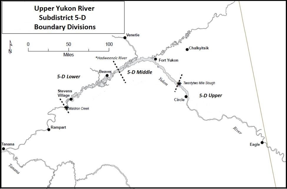 Map showing the boundary divisions (upper, middle, and lower) of Upper Yukon River Subdistrict 5-D, in the Yukon Delta region of Alaska
