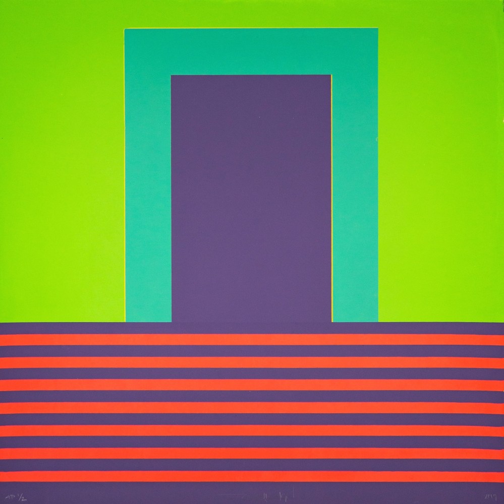 An abstract serigraph with colored rectangles sitting atop a pink striped base.