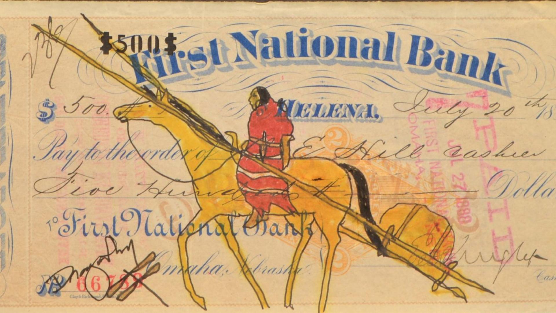Man on horseback drawn over an antique bank certificate in a ledger art style piece.