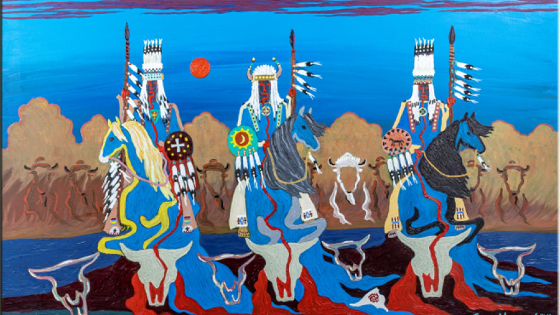 A painting of three horseback riding men in regalia approaching the viewer on a bright blue background.