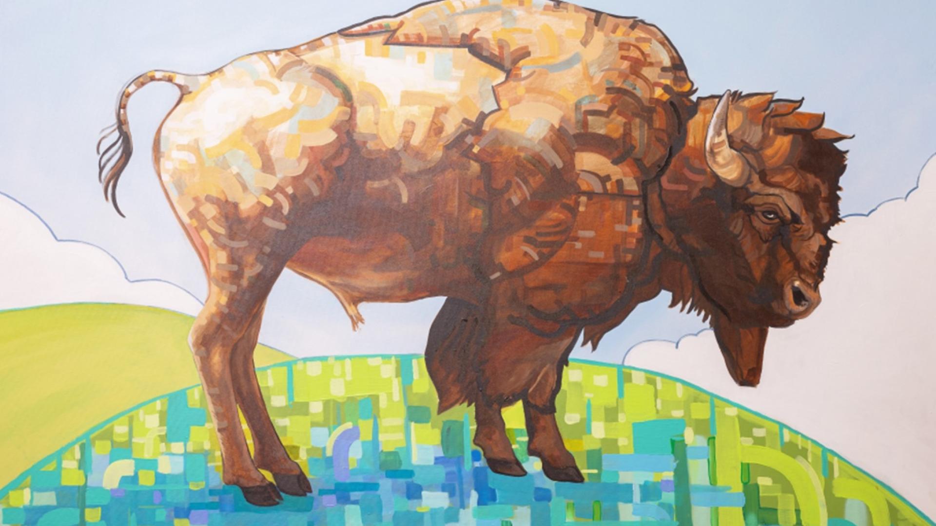 Painting of a bison on a green hill against a blue sky.