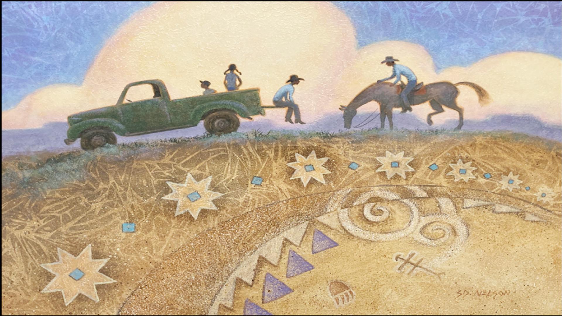 Painting of three people sitting in the back of a pickup truck in a field and a man approaching on horse. 