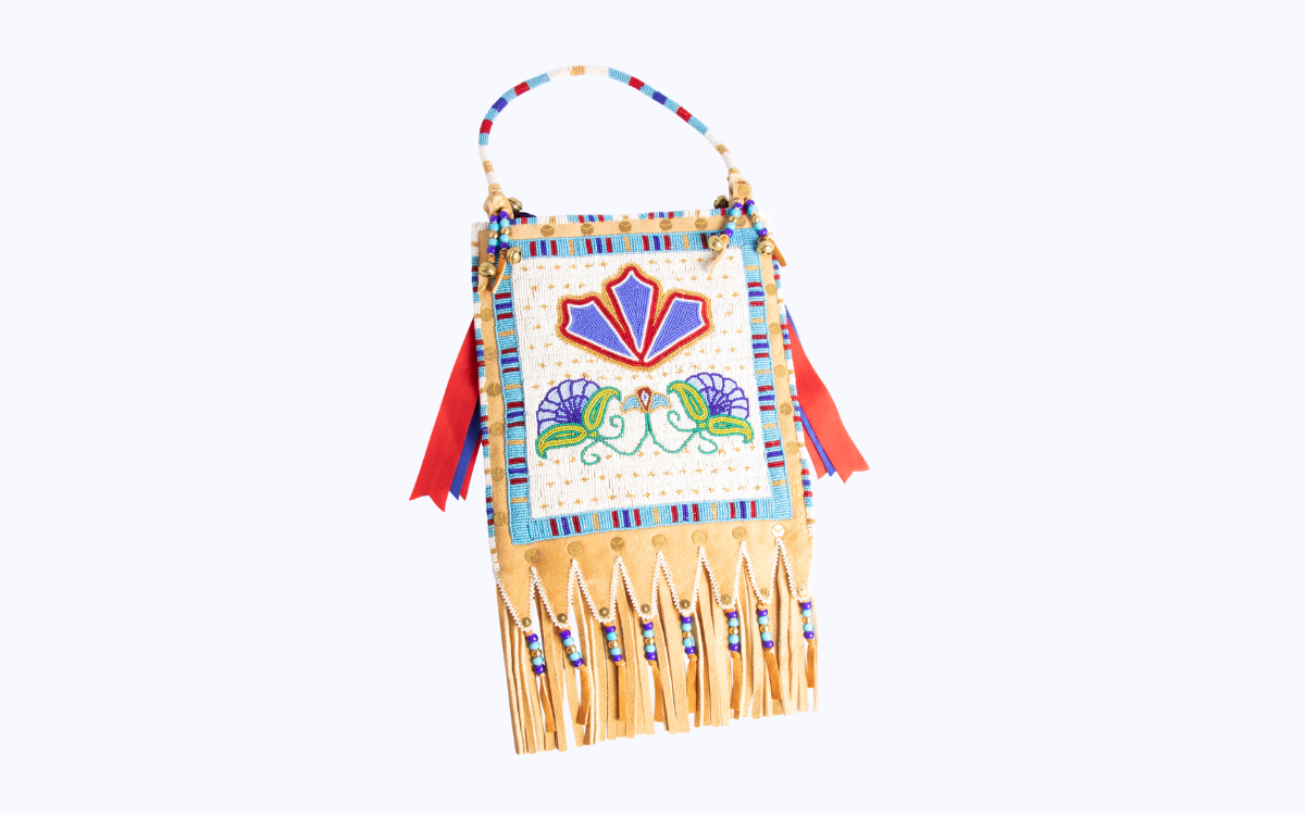 Photograph of an intricately beaded purse with floral designs and leather tassels.