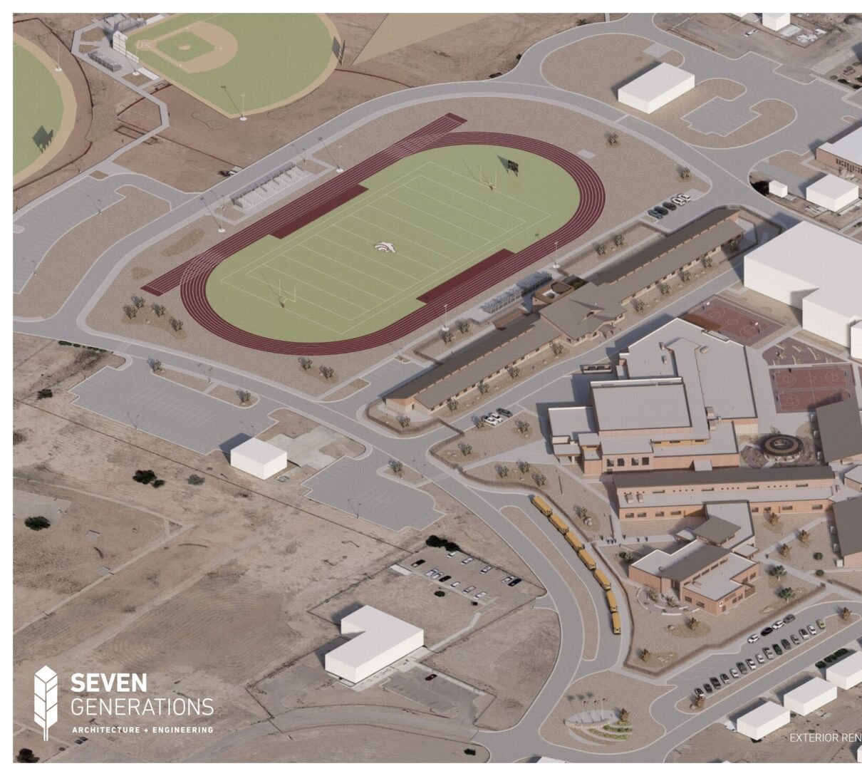 Aerial 3D design rendering of Many Farms High School campus.