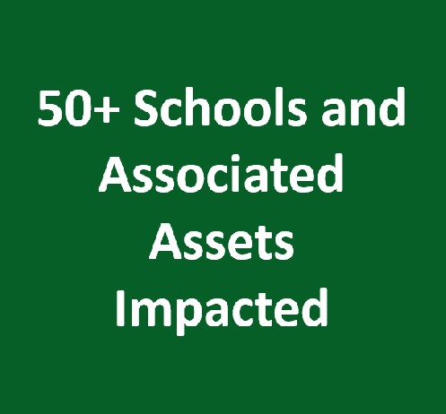 A dark green box with white text that reads “50+ Schools and Associated Assets Improved"
