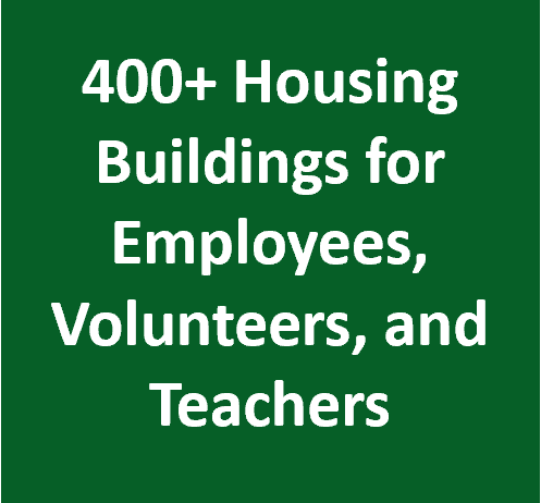 A dark green box with white text that reads “400+ Housing Buildings Improved for Employees, Volunteers, and Teachers”