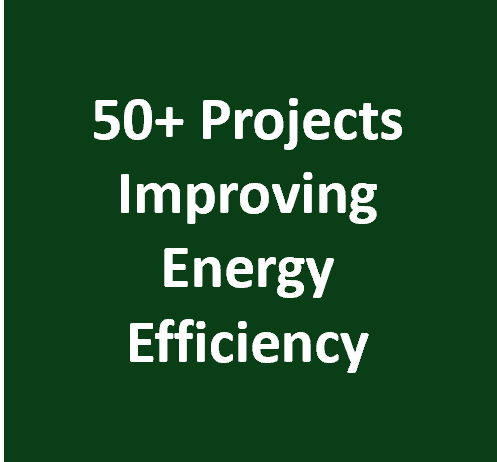 A dark green box with white text that reads “50+ Projects Improving Energy Efficiency"”