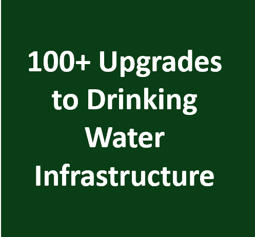 A dark green box with white text that reads “100+ Upgrades to Drinking Water Infrastructure”