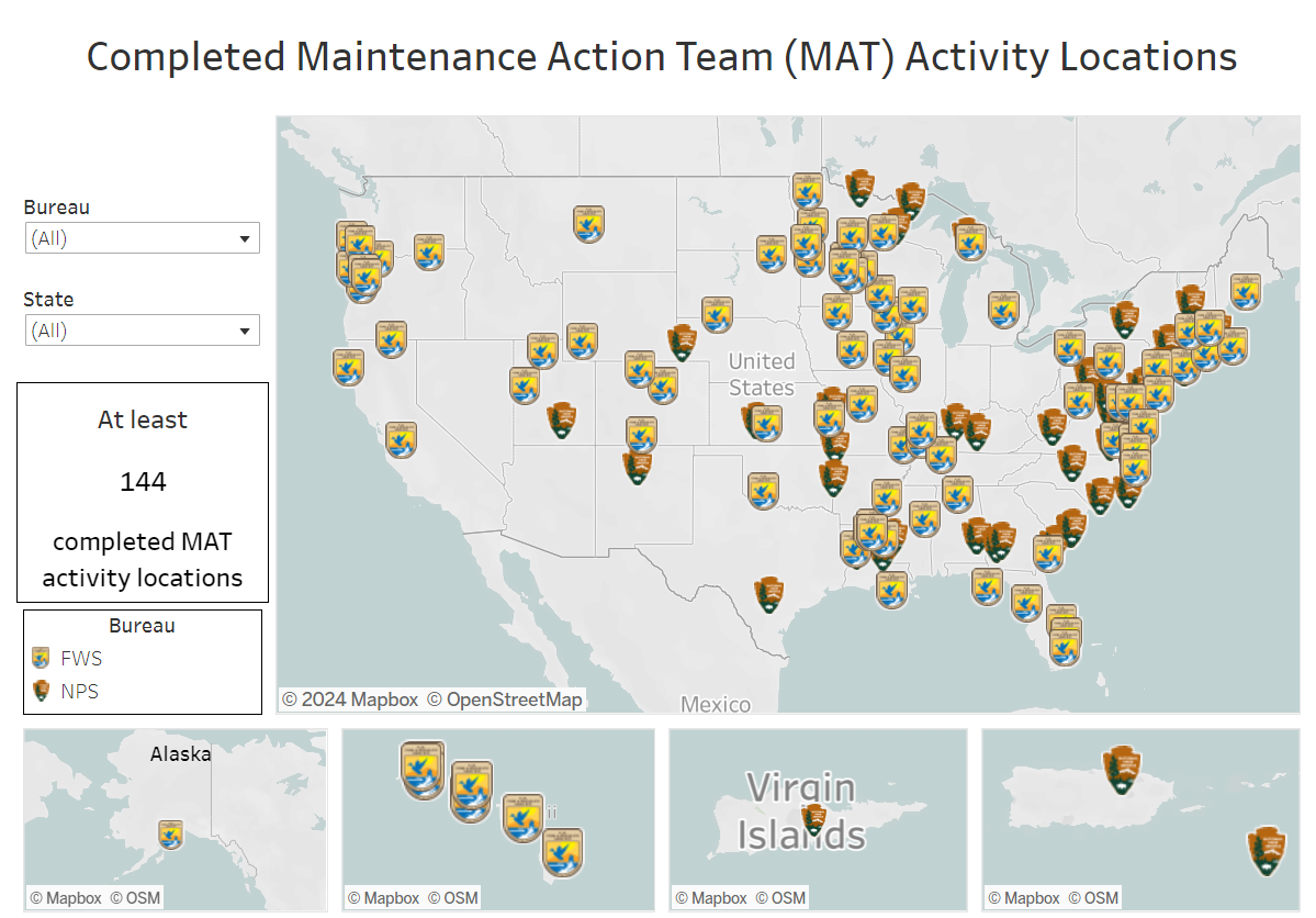 Map with pinpoints showing location of Maintenance Action Team activities.