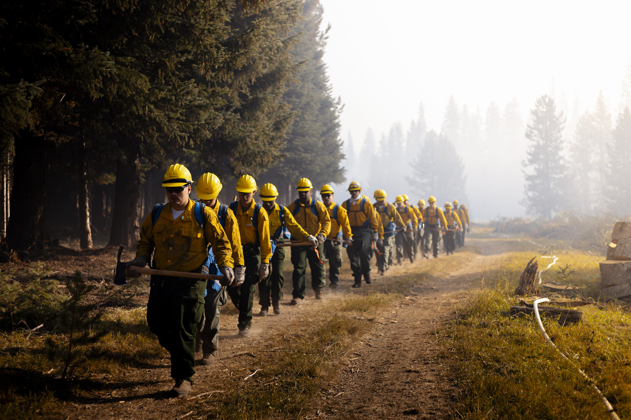 U.S. Army soldiers hiking on a wildfire assignment in Idaho. Photo by Christopher Grissett, U.S. Army North.