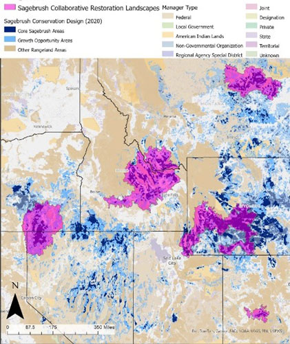 Color-coded map of several western states indicating where high-quality sagebrush habitat is located 