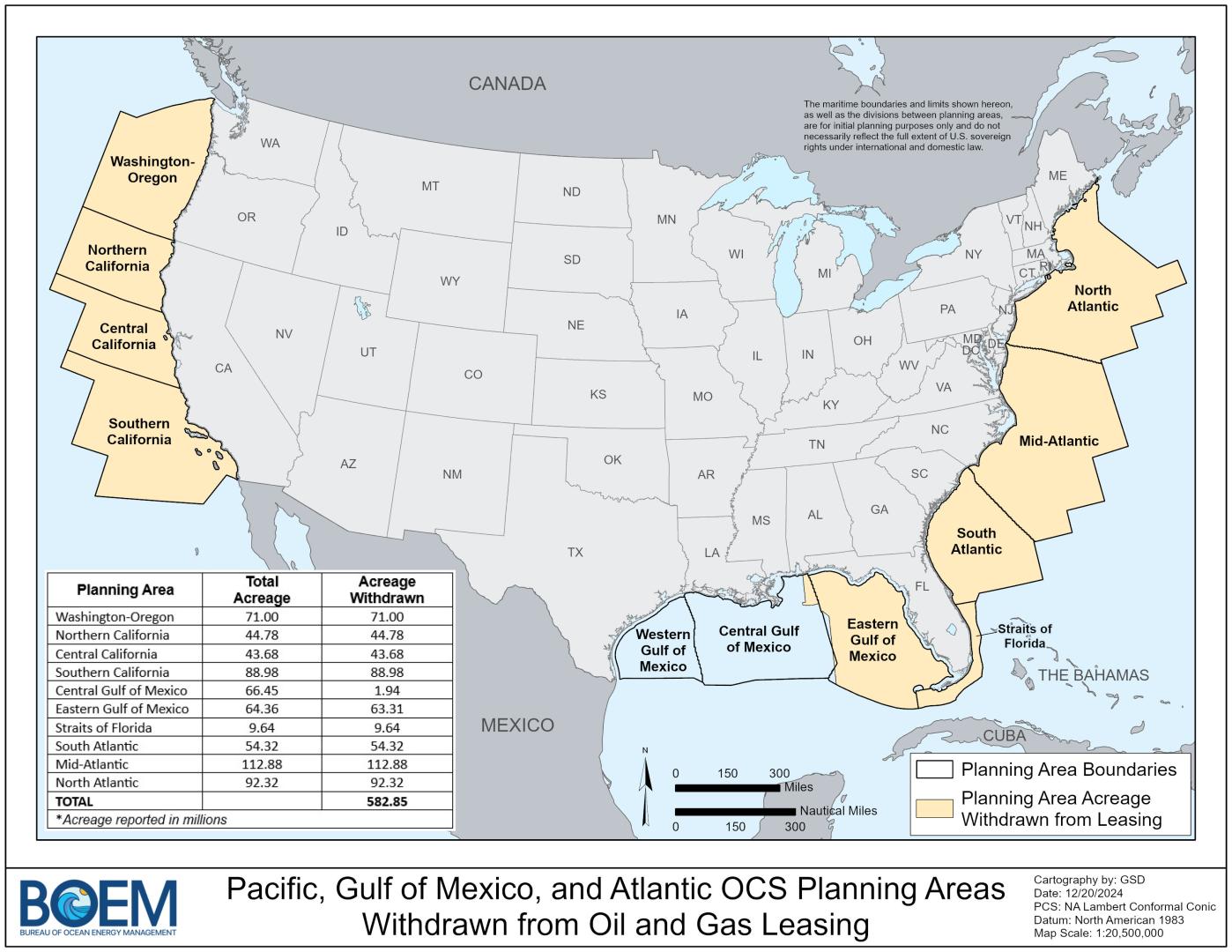 Pacific, Gulf of Mexico, and Atlantic OCS Planning Areas Withdrawn from Oil and Gas Leasing.