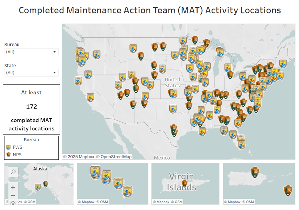 Map with pinpoints showing location of Maintenance Action Team activities.