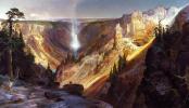 A painting of a tall waterfall flowing into a canyon with steep walls.