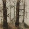 Watercolor of trees in a foggy forest by Amy Hook-Therrien