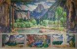 Painted wall mural divided into six scenes depicting national parks