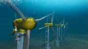 Underwater turbines capture energy from ocean currents.