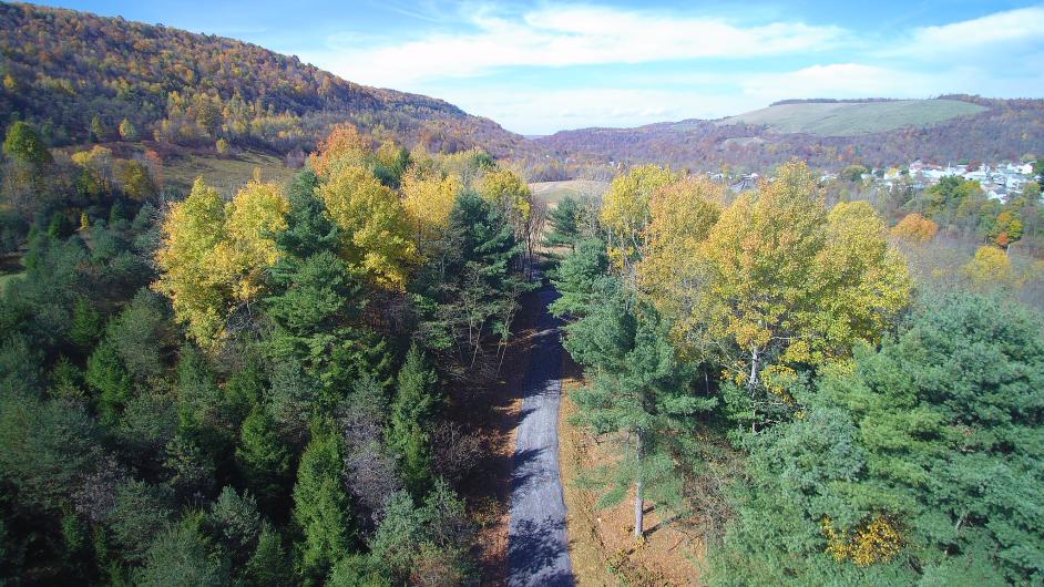 Aerial view of a road cutting through a heavily wooded area.