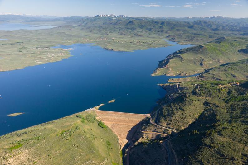 Aerial view of Soldier Creek Dam and Strawberry Reservoir.