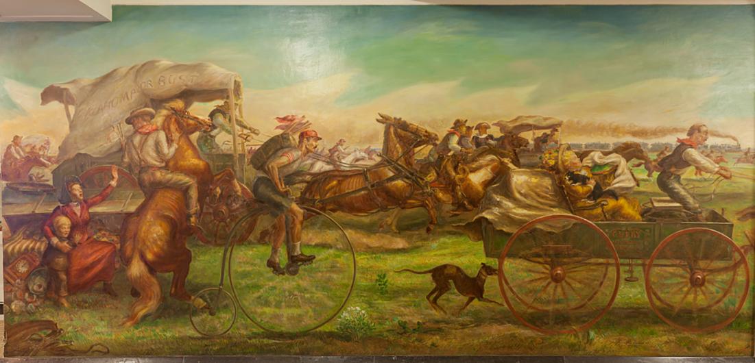 Painted mural of a crowd of people in a land rush employing varying modes of transportation