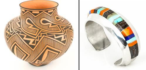 "Zuni Geometric Red Pottery Bowl" by Anderson Jaime Peynetsa (Zuni Pueblo). "Multi-Gemstone Bracelet" by Duane Maktima (Laguna Pueblo/Hopi). © Indian Pueblo Store.