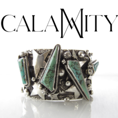 Photograph of a silver and turquoise bracelet.
