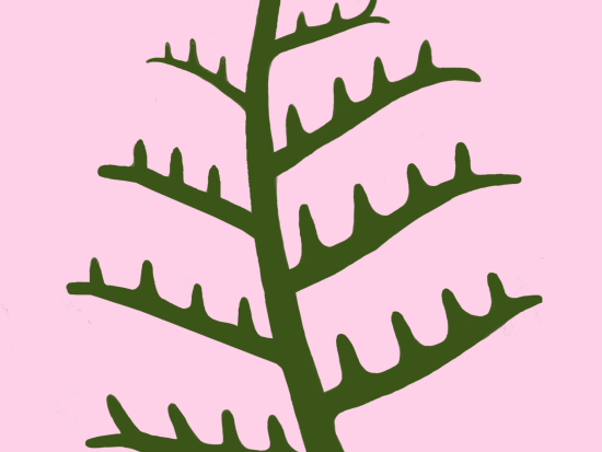 Digital art green tree against a pastel pink background.