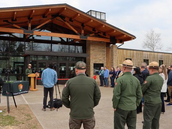 Crowd stands in front of the revitalized mammoth cave hotel