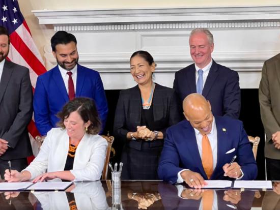 Secretary Haaland and BOEM Director Elizabeth Klein at the signing of a Memorandum of Understanding with the State of Maryland