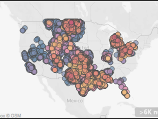 United States map showing produced waters geochemical database using orange, purple, and blue dots.