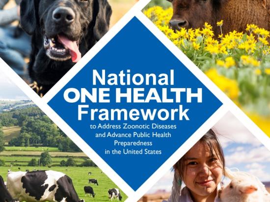 A collage of photos with humans and animals, and text that reads, "National One Health Framework."