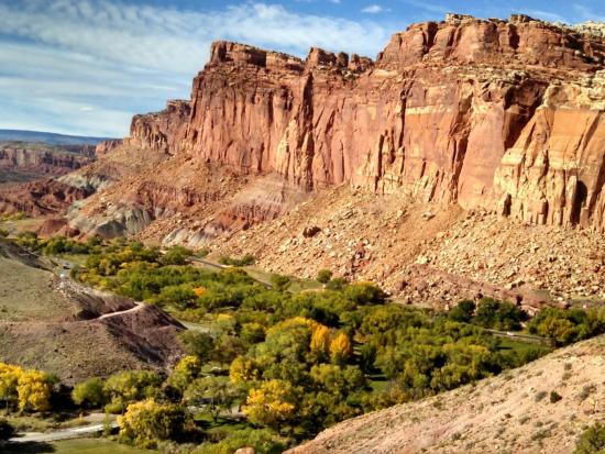 A landscape with small green trees at the base of a red rock canyon 