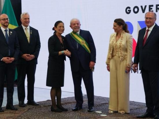Secretary Haaland stands with U.S. and Brazilian officials at the presidential Inauguration of His Excellency Luiz Inácio Lula da Silva 