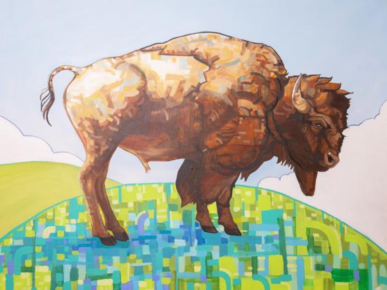 Painting of a bison standing against a landscape background of a field.