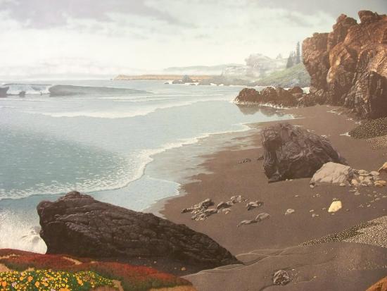 Painting of a coastal enviornment with a sandy beach transitioning to rocky cliffs