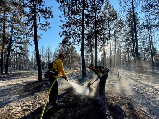 Firefighters work on a hotspot during a wildfire in Oregon 2023. 