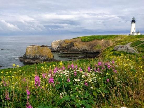 White lighthouse on a grassy cliff over water