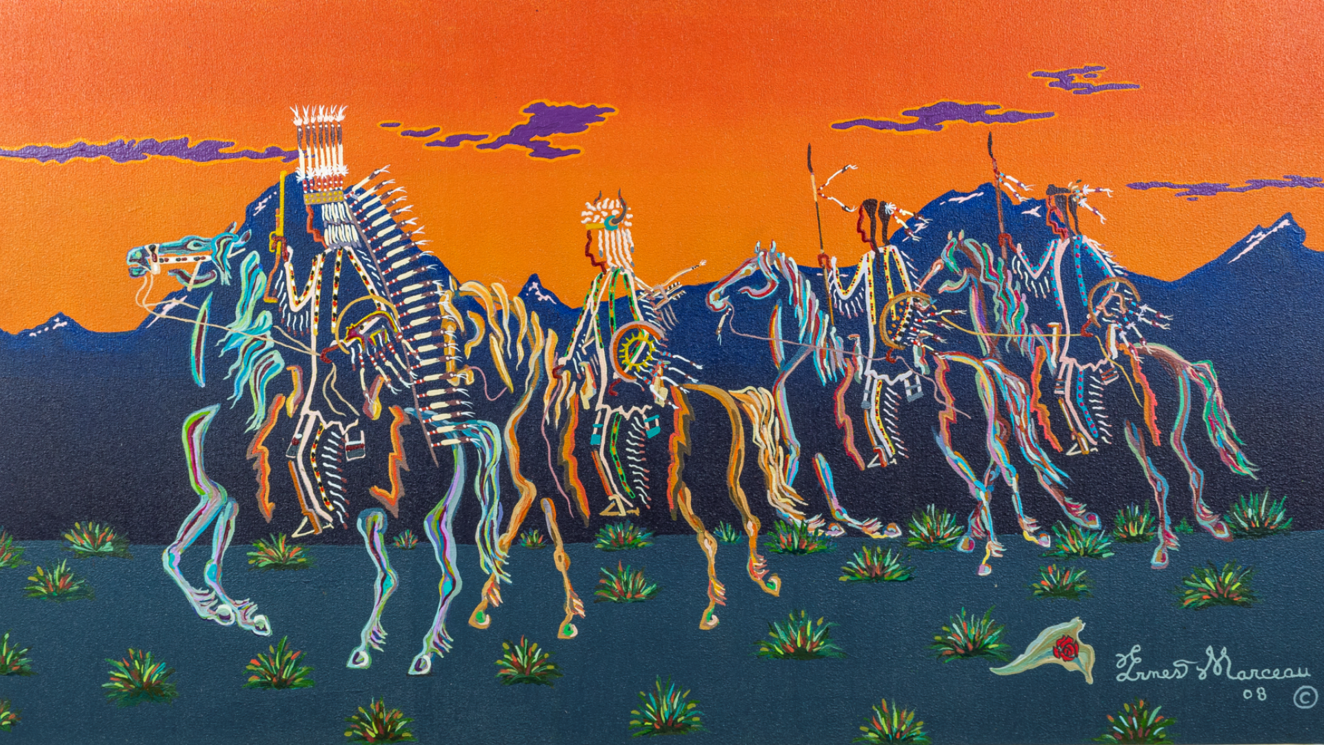 A patinting entitled "Brings Down the Sun War Party," acrylic on canvas © 2008 Ernest Marceau