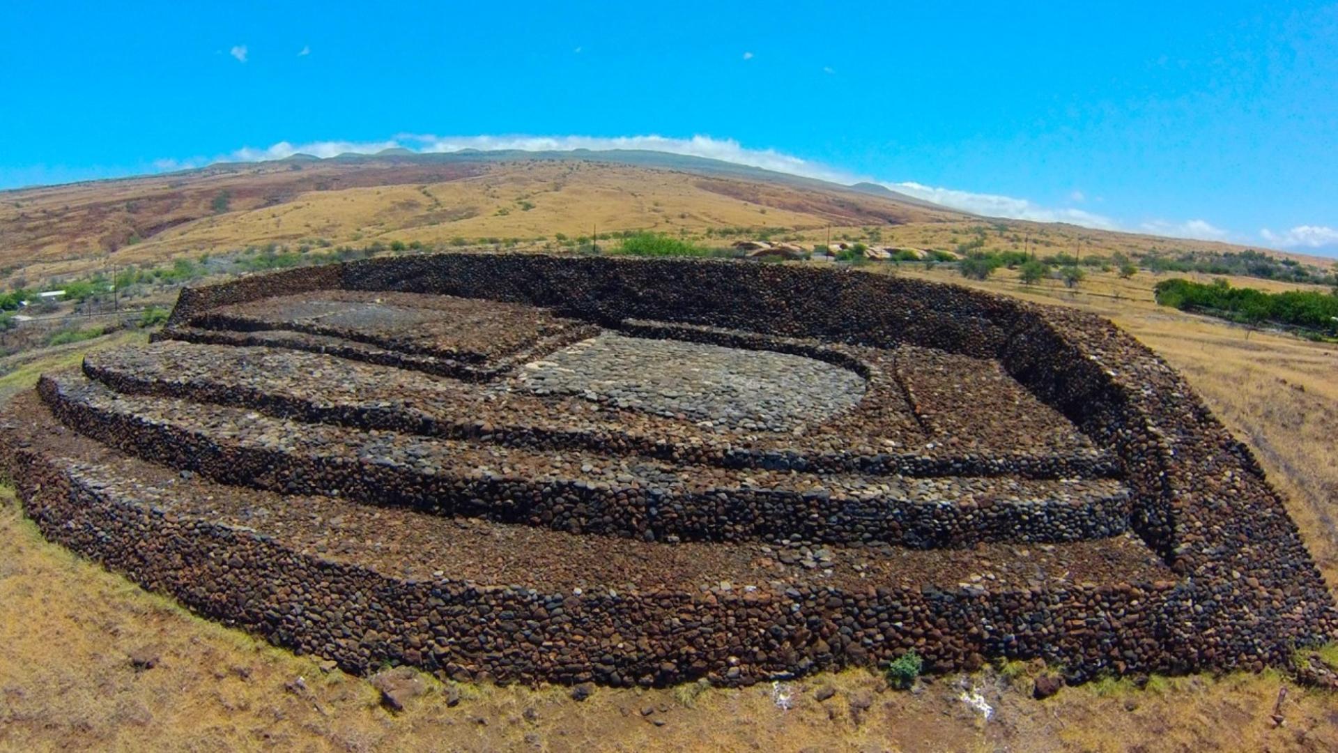 A view of the great temple, built of piled rocks, from above.  