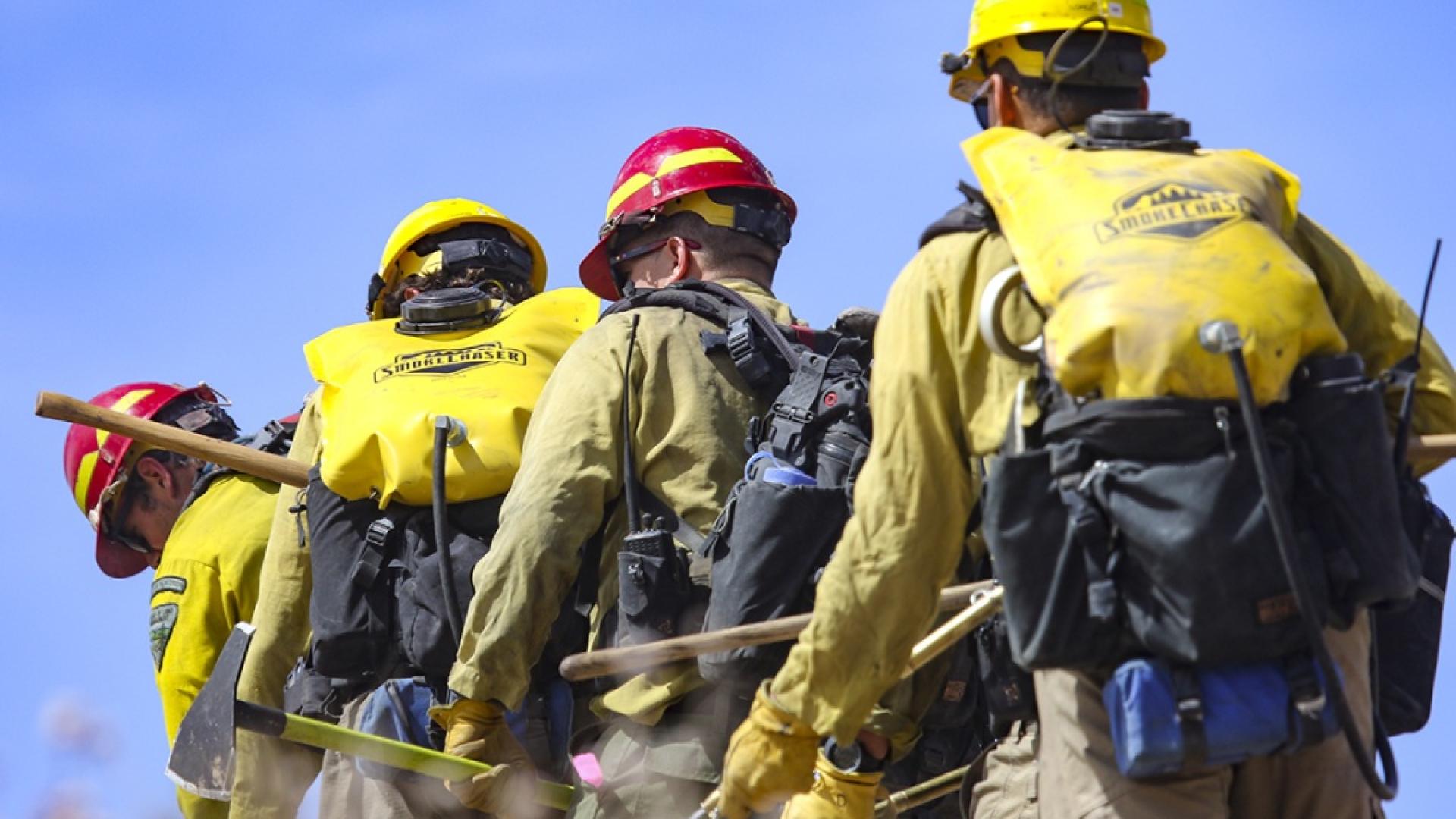 Firefighters from BLM’s Kingman District in Arizona seen from behind hiking with gear as part of a mock fire exercise. Photo by Suzanne Allman, BLM contractor.