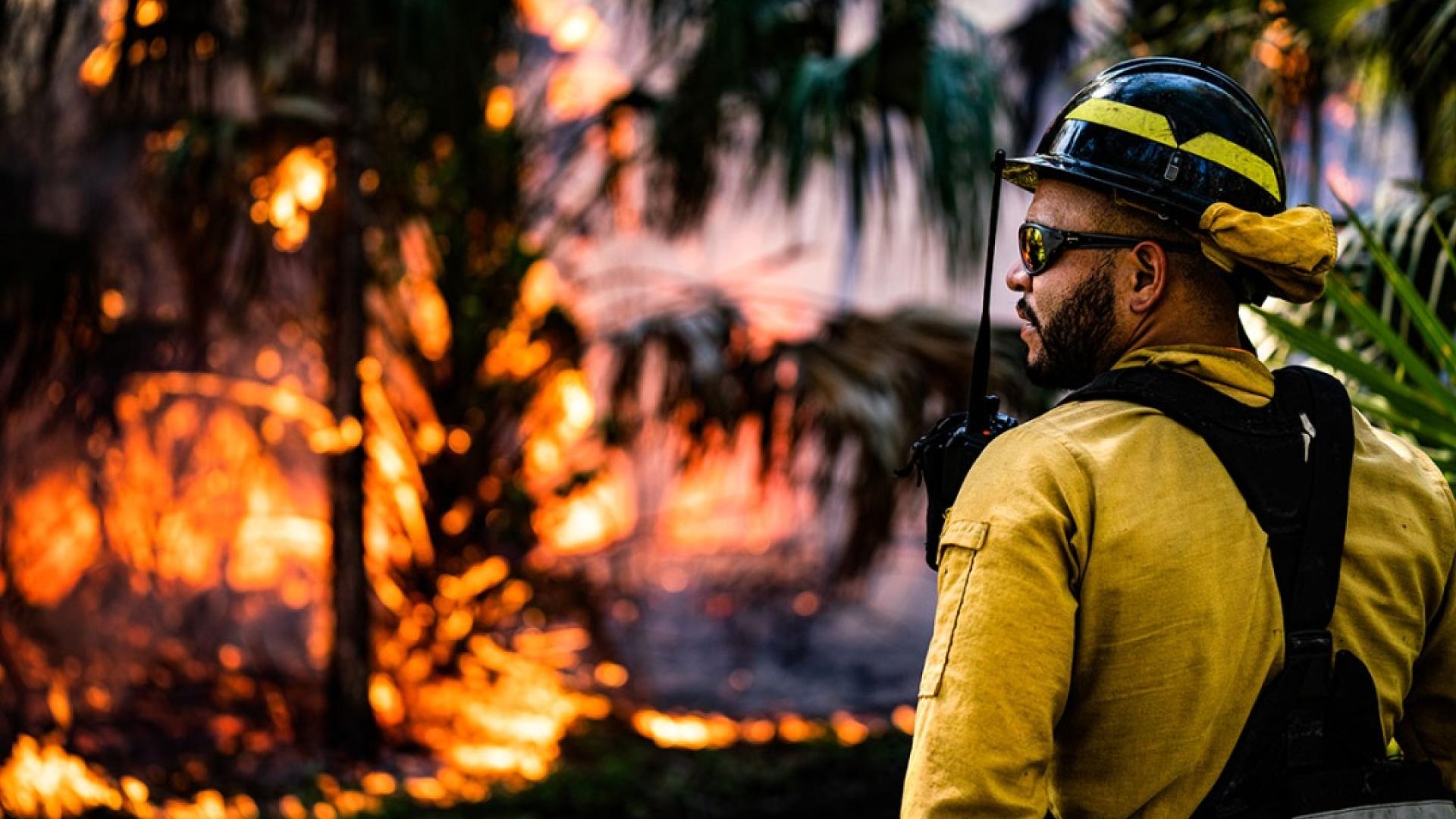 A wildland firefighter monitors a prescribed fire in Florida. Photo by NPS.