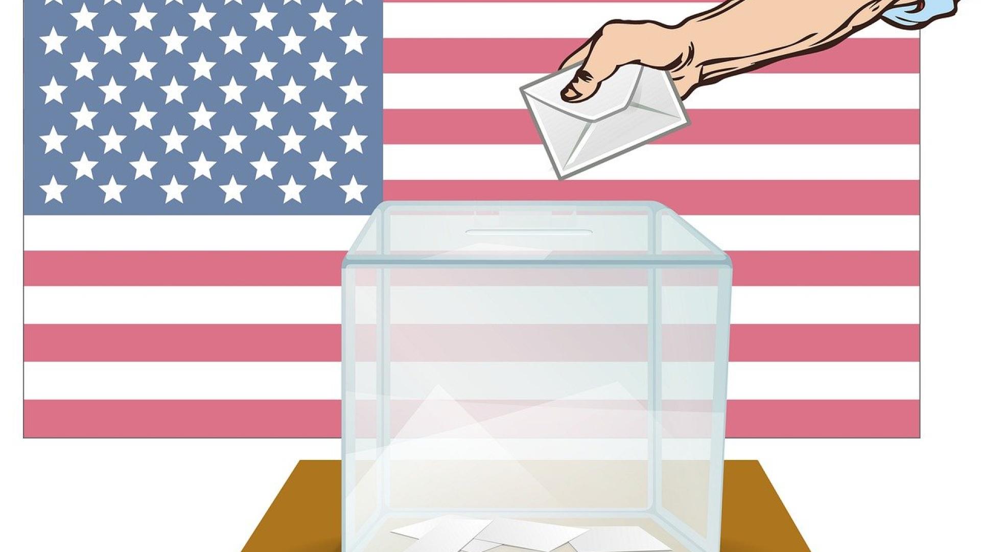 Animated hand and arm dropping ballot in box with American flag in back