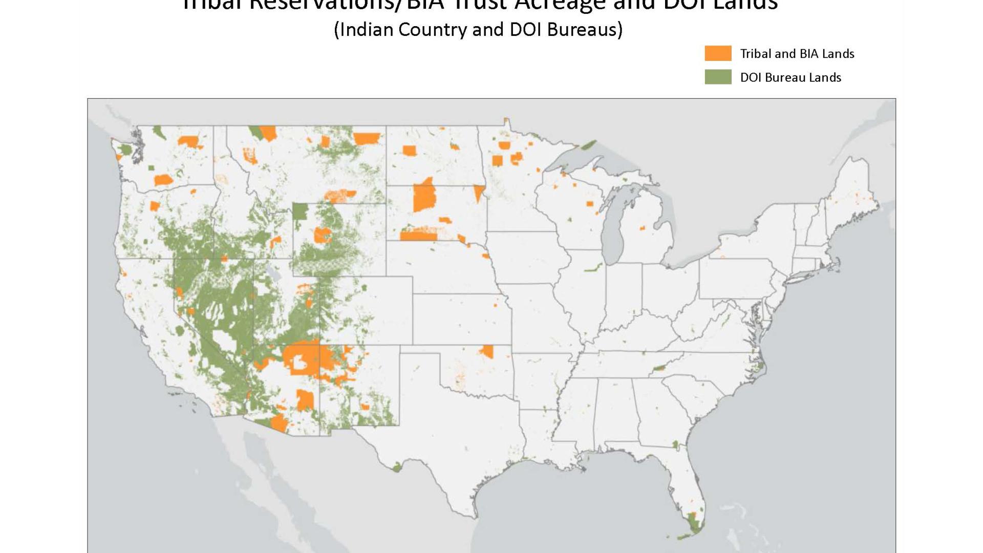 United States map representing the interconnectedness of Interior Department and Tribal lands. 