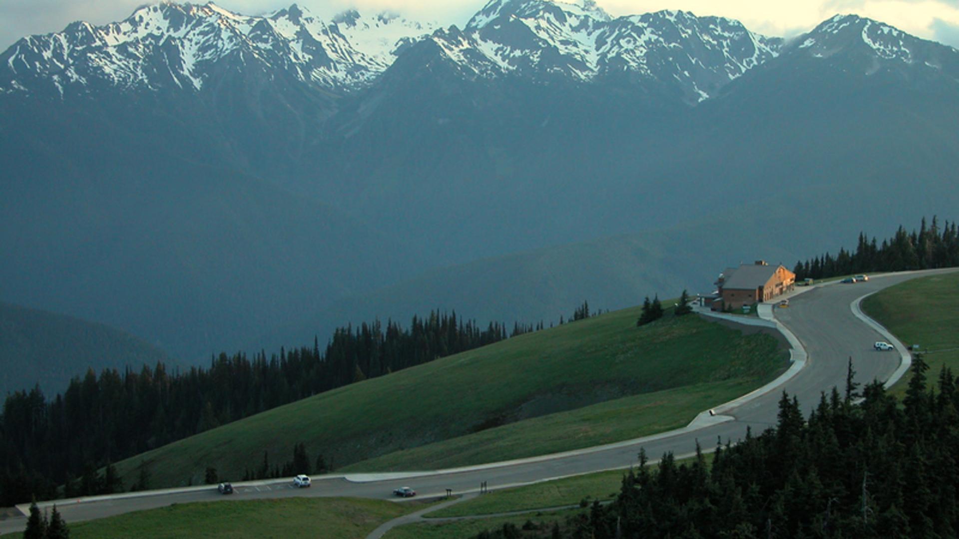 Winding road on grassy hillside with snow-capped mountains in the background. 