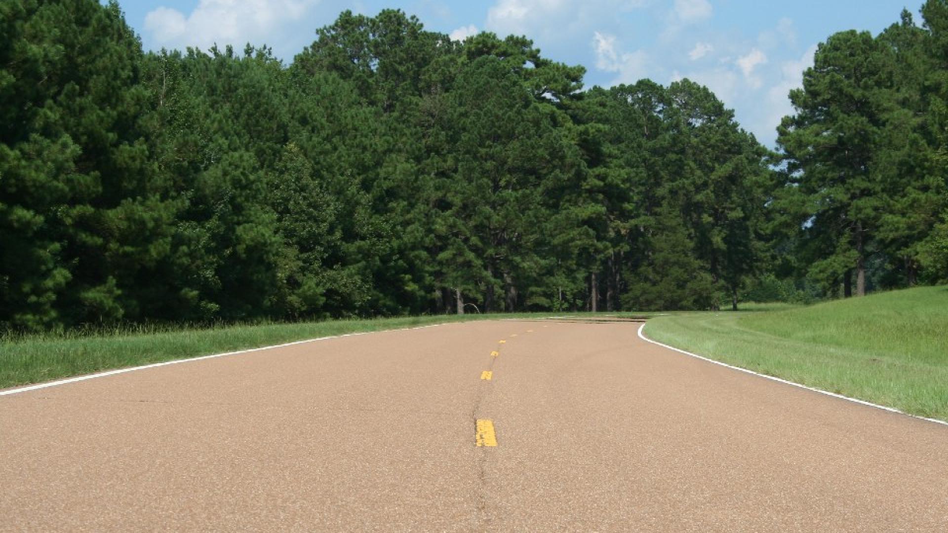 A paved road with a crack down the center line. Grass and trees line the roadway.