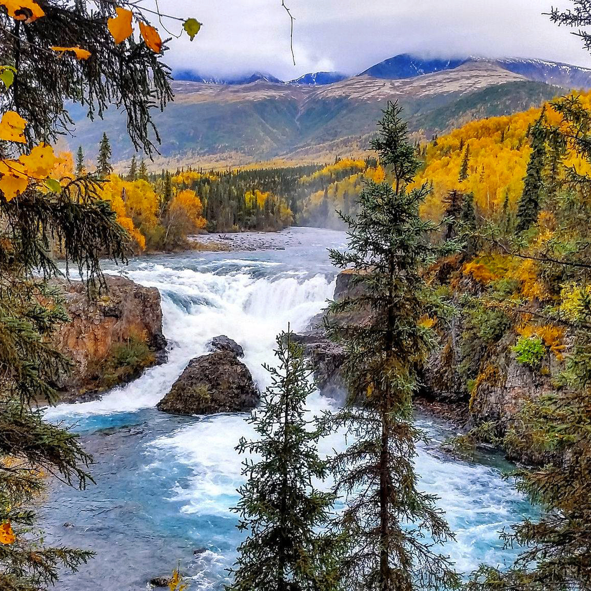 Fall foliage and waterfall in Lake Clark National Park and Reserve, Alaska