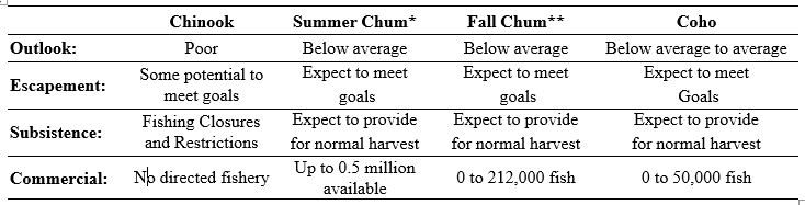 Table showing 2021 Run and Harvest Outlook for Yukon River Salmon (Chinook, Summer chum, Fall chum, and Coho)
