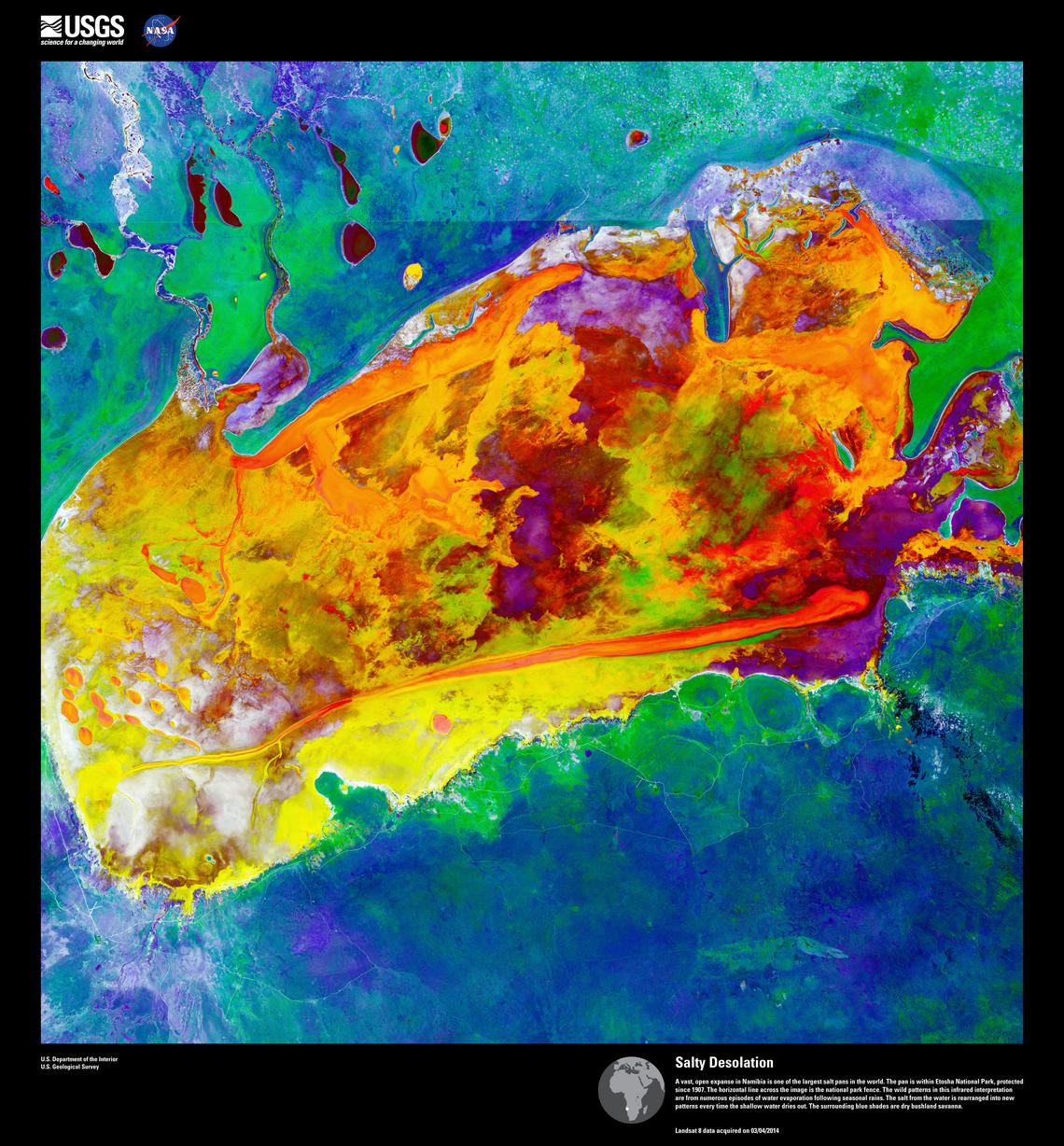 Landsat image featuring colorful splashes of orange, purple, green, and blue.