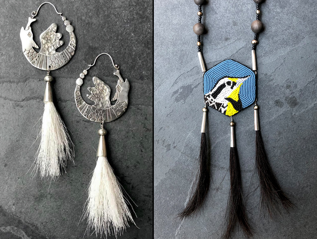 "Uktena Earrings" and "Meadowlark Necklace" © Elizabeth Hazen